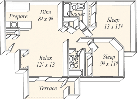 Floor plan for 2 beds, 2 baths, 990 sqft